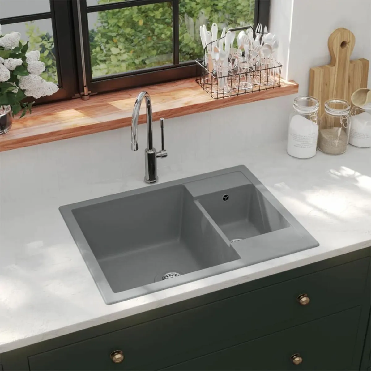 Kitchen Sink with Overflow Hole Double Basins Grey - Image 1