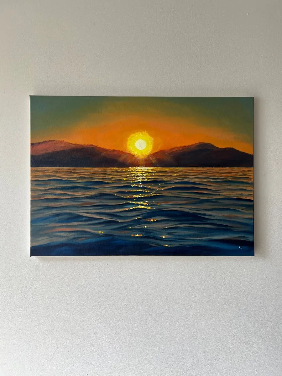 ORIGINAL OIL PAINTING SUNSET SEASCAPE ART LARGE - Image 1