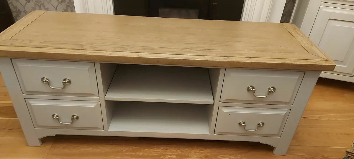 TV Unit Soft Grey, Wooden Oak Top - Image 1