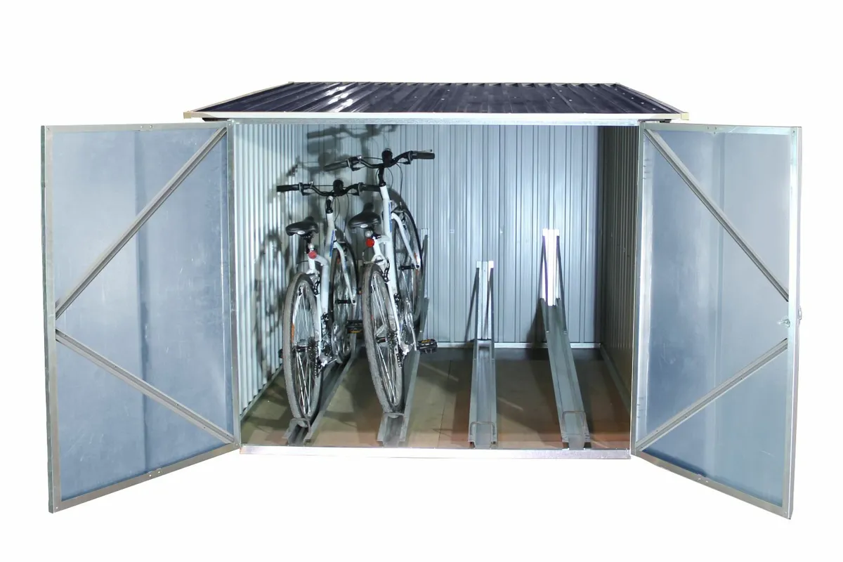 6x6 Steel Grey Bicycle Stores with Ramps. Holds 4 - Image 1