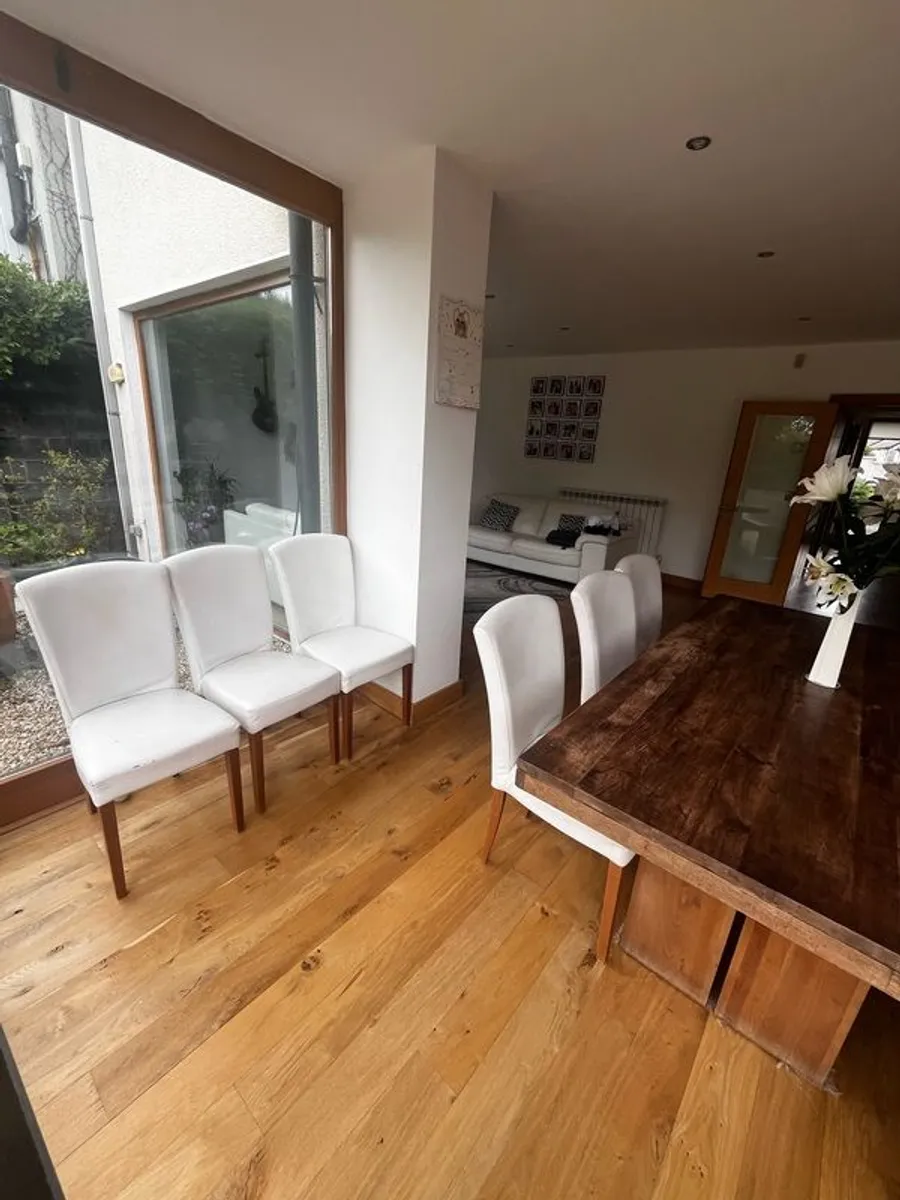 6 white leather + walnut leg chairs; criss-cross stitching on back - Image 2