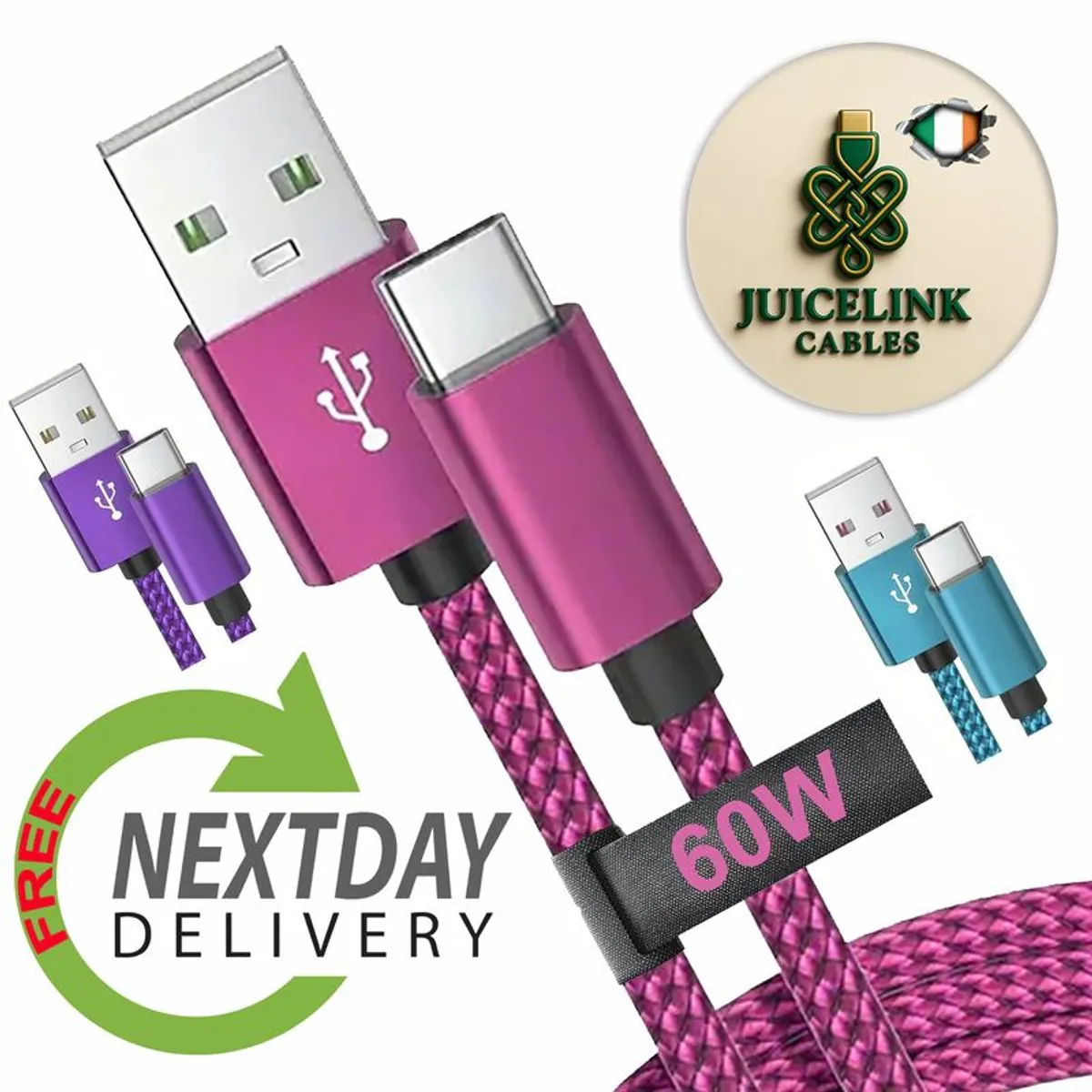 60W Type-C to USB Fast Charge Charging Cable [2m] - Braided for iPhone, Samsung etc. - Irish Seller, FREE Next-Day Delivery - Image 1