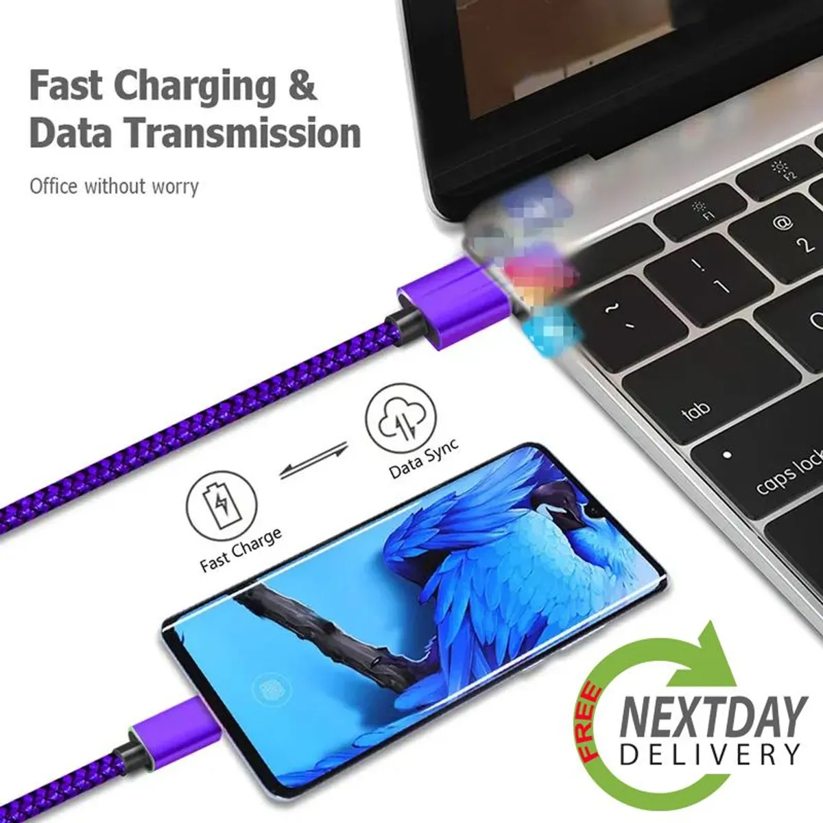 60W Type-C to USB Fast Charge Charging Cable [2m] - Braided for iPhone, Samsung etc. - Irish Seller, FREE Next-Day Delivery - Image 2