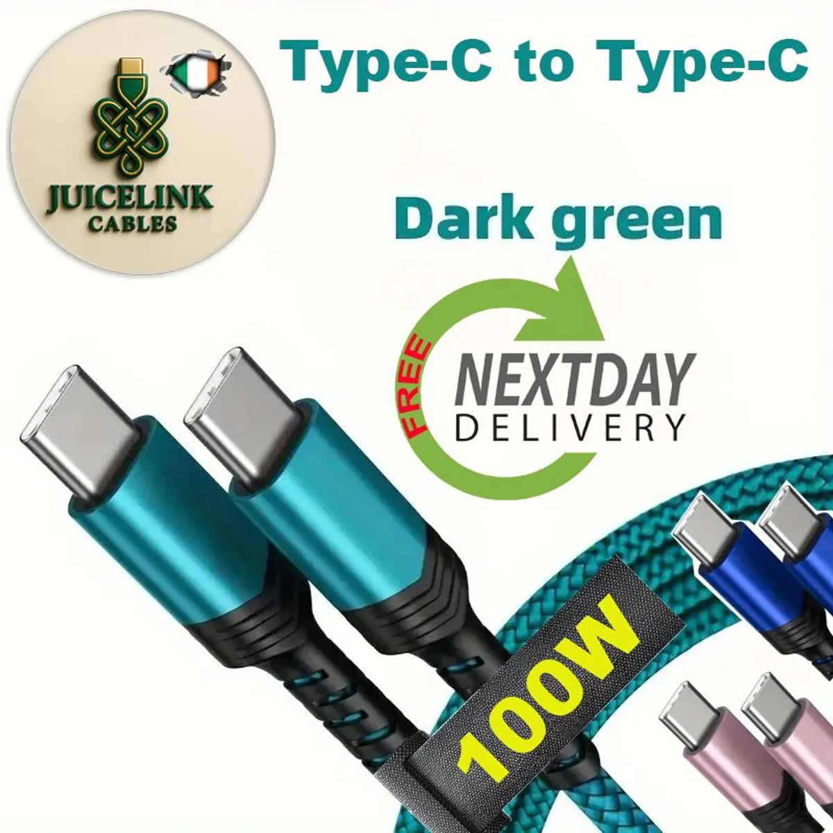 100W Type-C to Type-C  Fast Charge Charging Cable [2m] - Braided for iPhone, Samsung etc. - Irish Seller, FREE Next-Day Delivery - Image 1