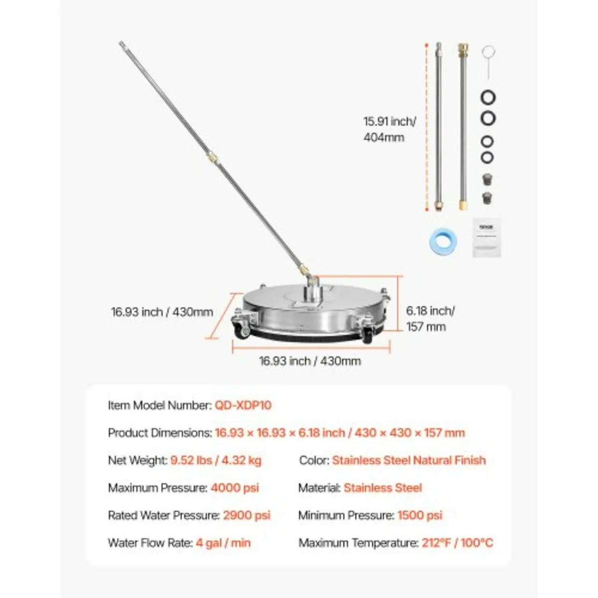 16.5" Pressure Washer Surface Cleaner 4 Wheels Sta - Image 3