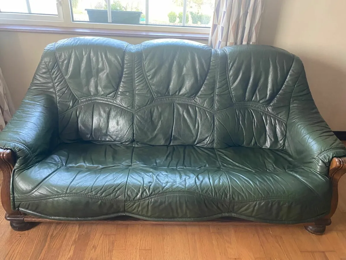 3+2 Green Leather Sofa & Armchair Set - Image 1