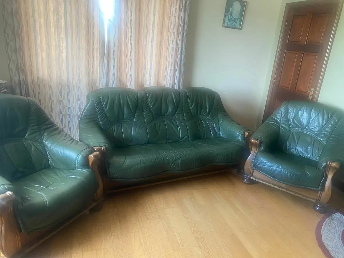 3+2 Green Leather Sofa & Armchair Set - Image 2