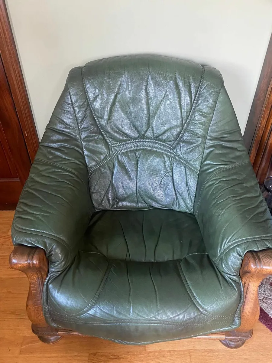 3+2 Green Leather Sofa & Armchair Set - Image 3