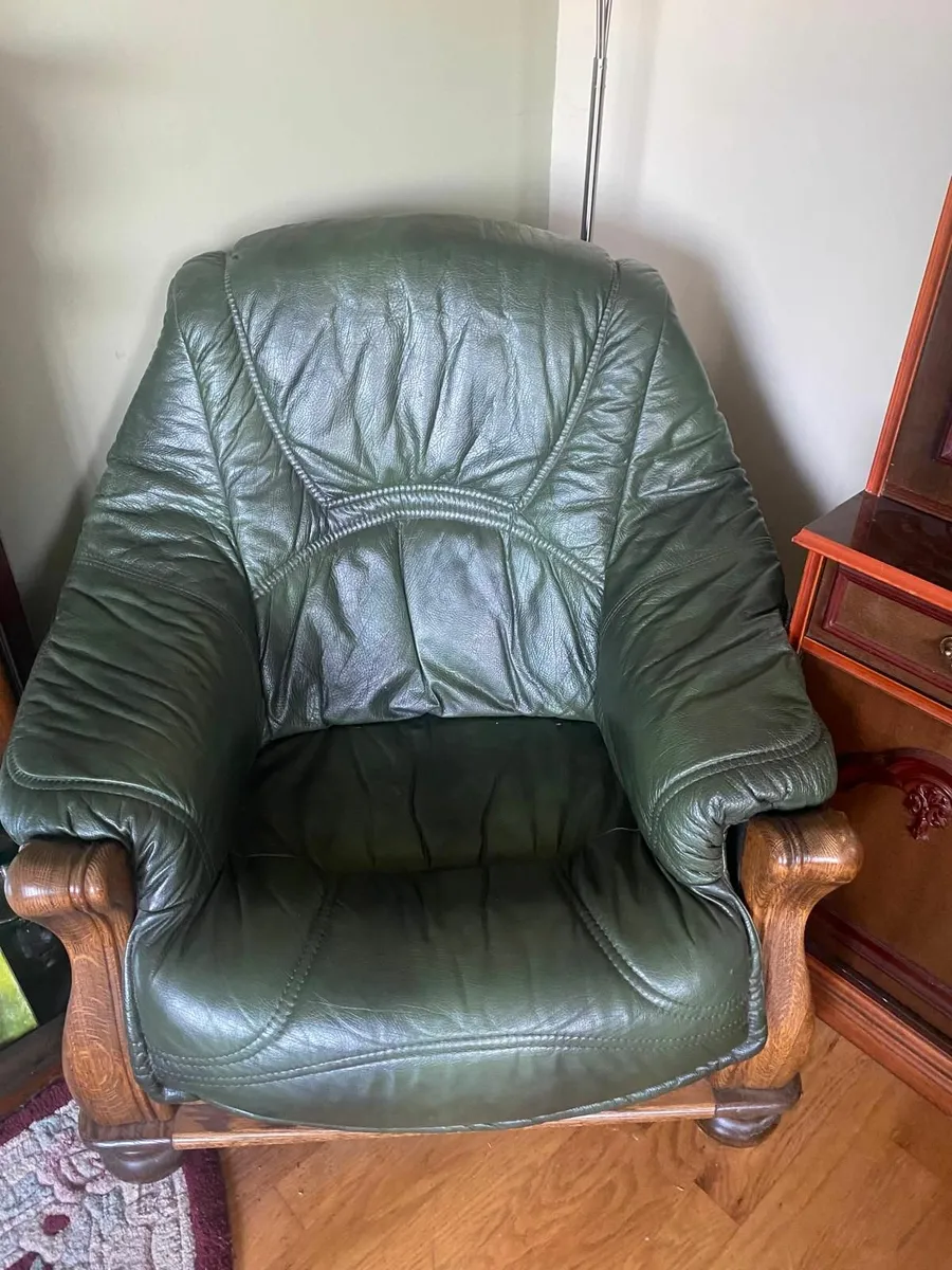 3+2 Green Leather Sofa & Armchair Set - Image 4