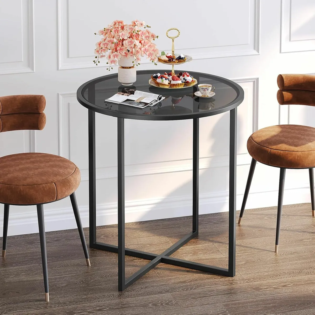 Round Glass Dining Table 68cm Black Breakfast bar - Image 3