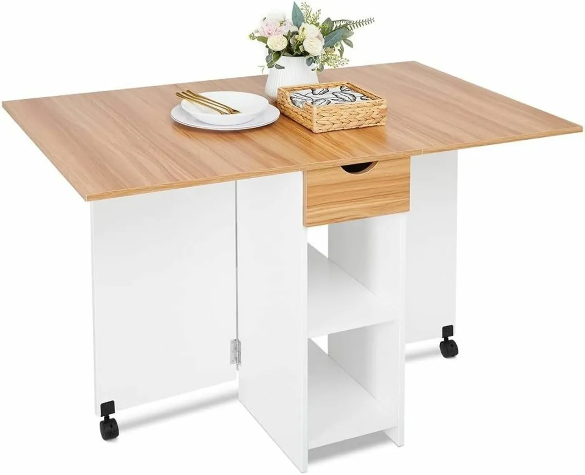 Mobile Folding Dining Table Drawer Storage Shelves - Image 2