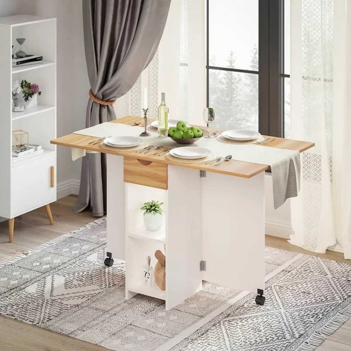 Mobile Folding Dining Table Drawer Storage Shelves - Image 3