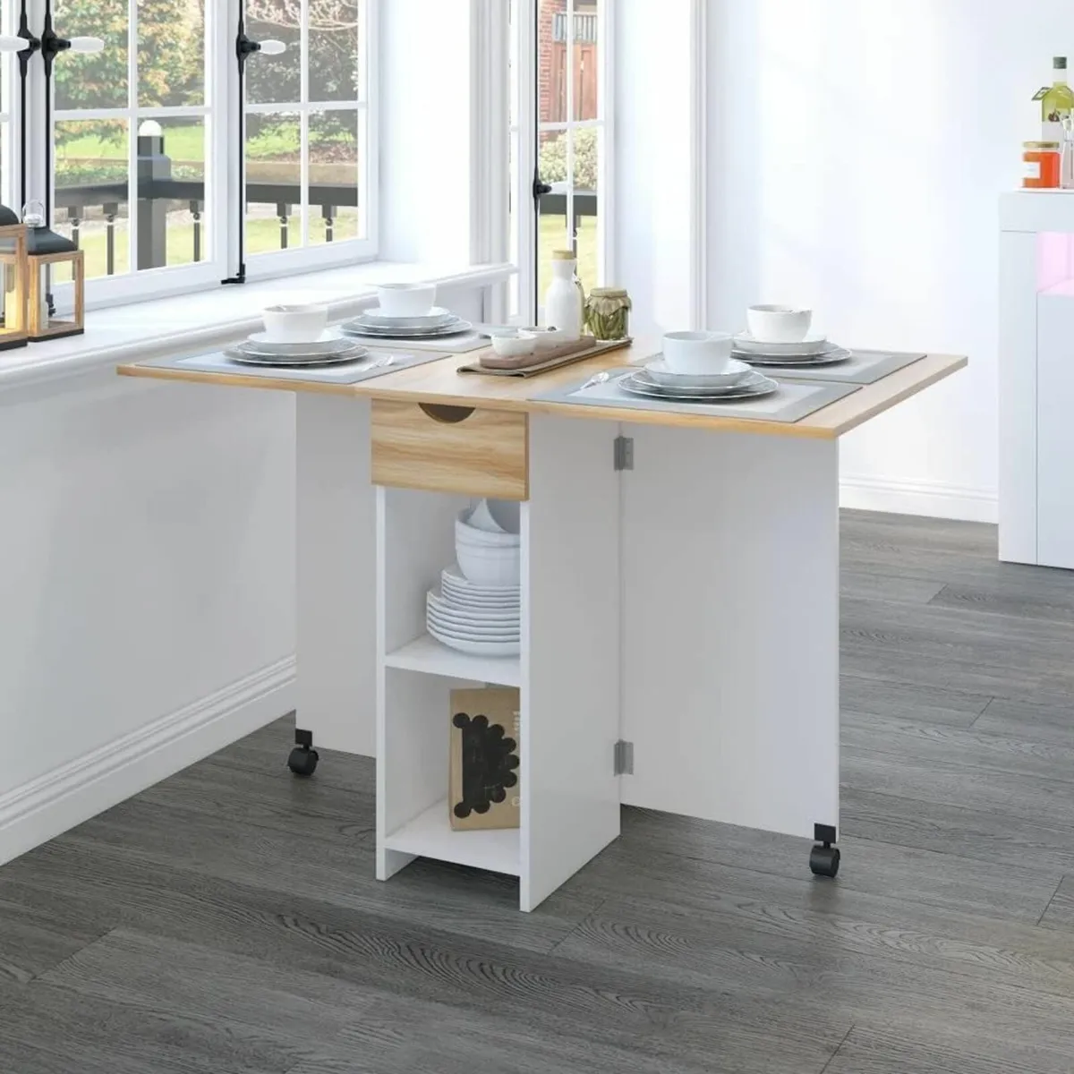Mobile Folding Dining Table Drawer Storage Shelves - Image 1