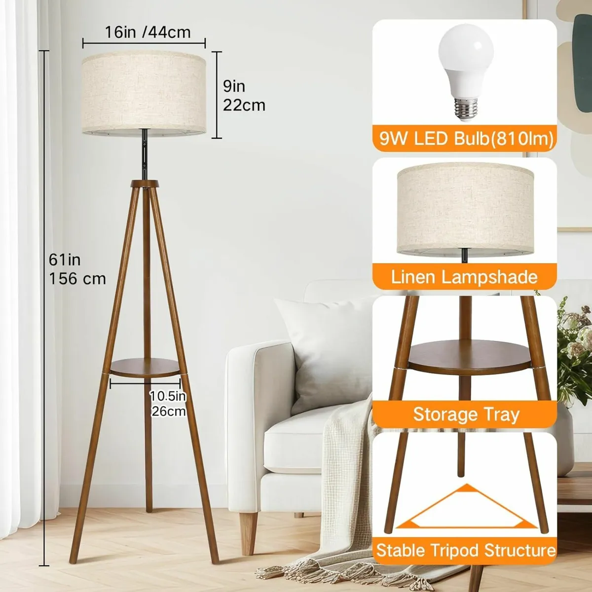 Wooden Tripod Floor Lamp Dimmable 4 Color Storage - Image 4