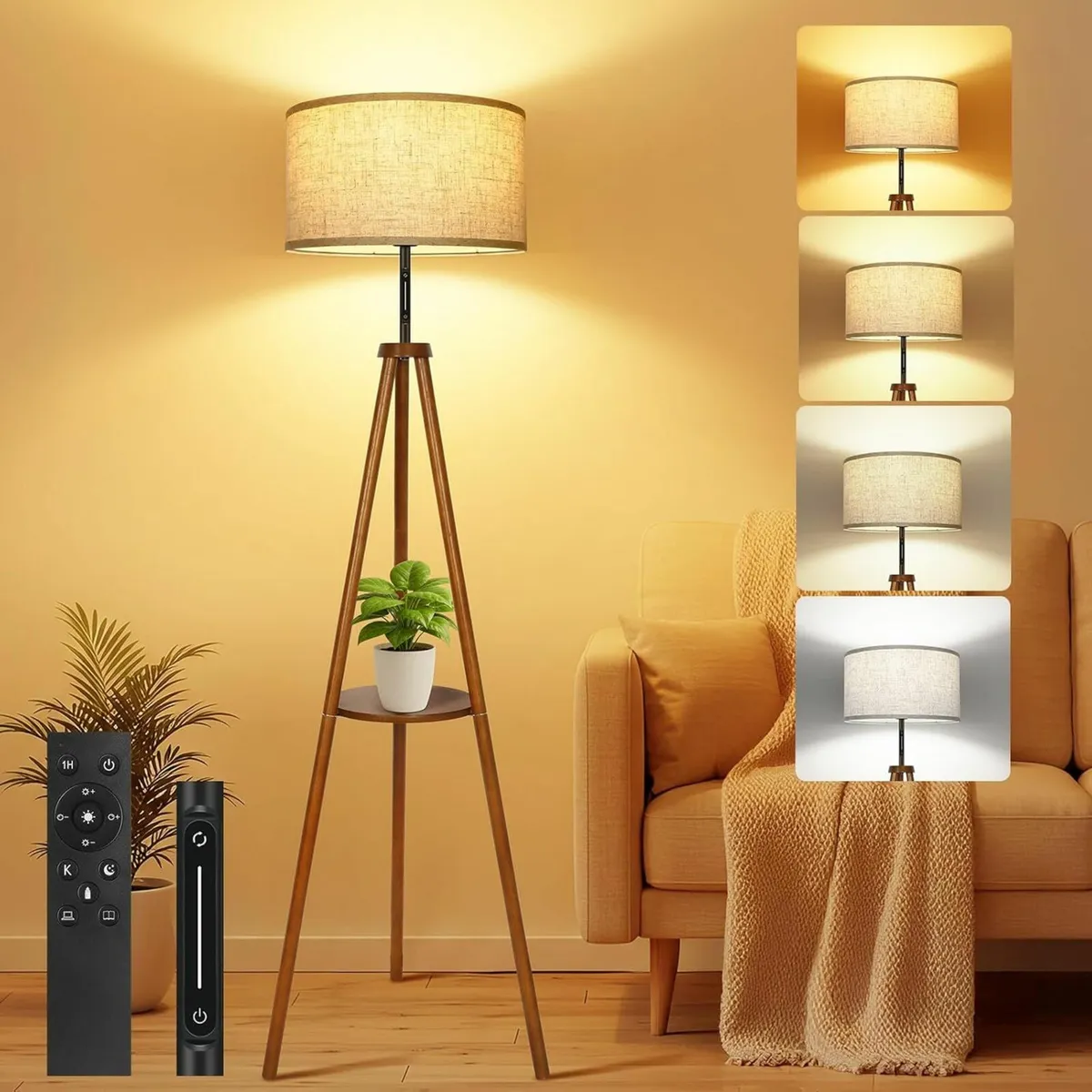 Wooden Tripod Floor Lamp Dimmable 4 Color Storage - Image 1