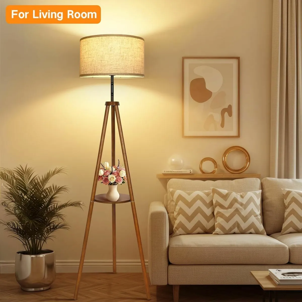 Wooden Tripod Floor Lamp Dimmable 4 Color Storage - Image 2
