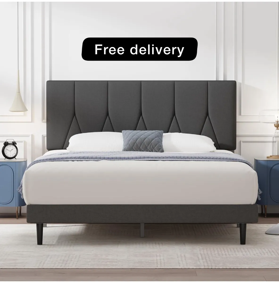 Small Double Bed Frame, Dark Grey, Upholstered Woo - Image 1