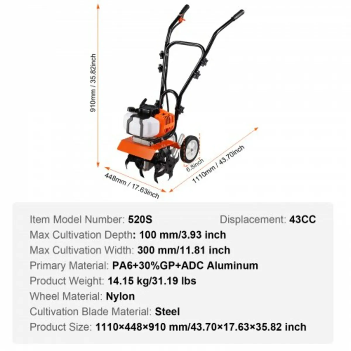 Tiller Cultivator Gas Powered, 43CC 2-Stroke Garde - Image 3