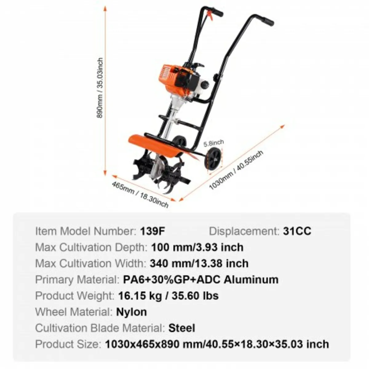 Tiller Cultivator Gas Powered, 38CC 4-Stroke Garde - Image 4