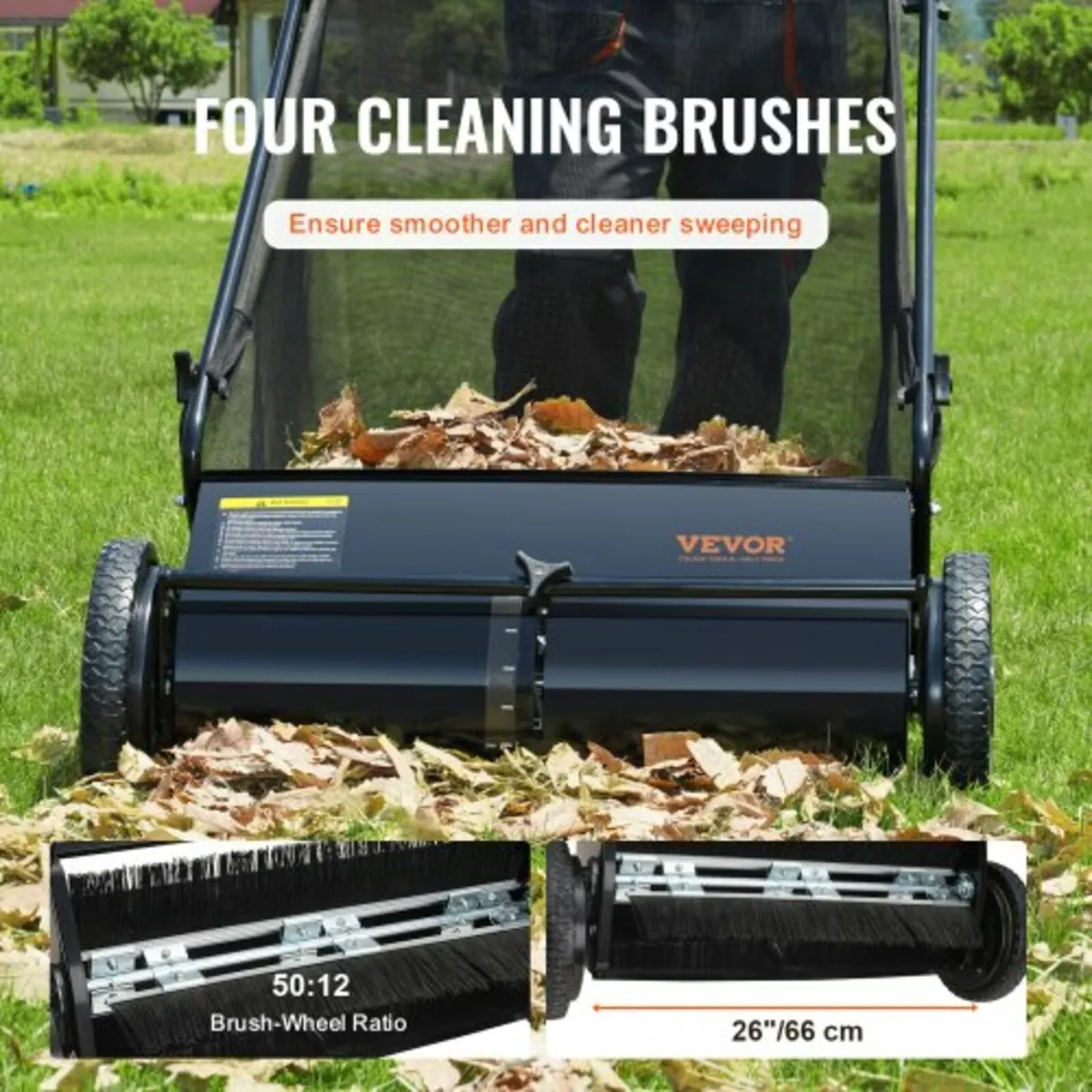 Push Lawn Sweeper, 26-inch Leaf & Grass Collector, - Image 2