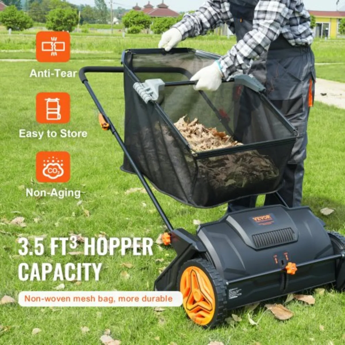 Push Lawn Sweeper, 21-inch Leaf & Grass Collector, - Image 4