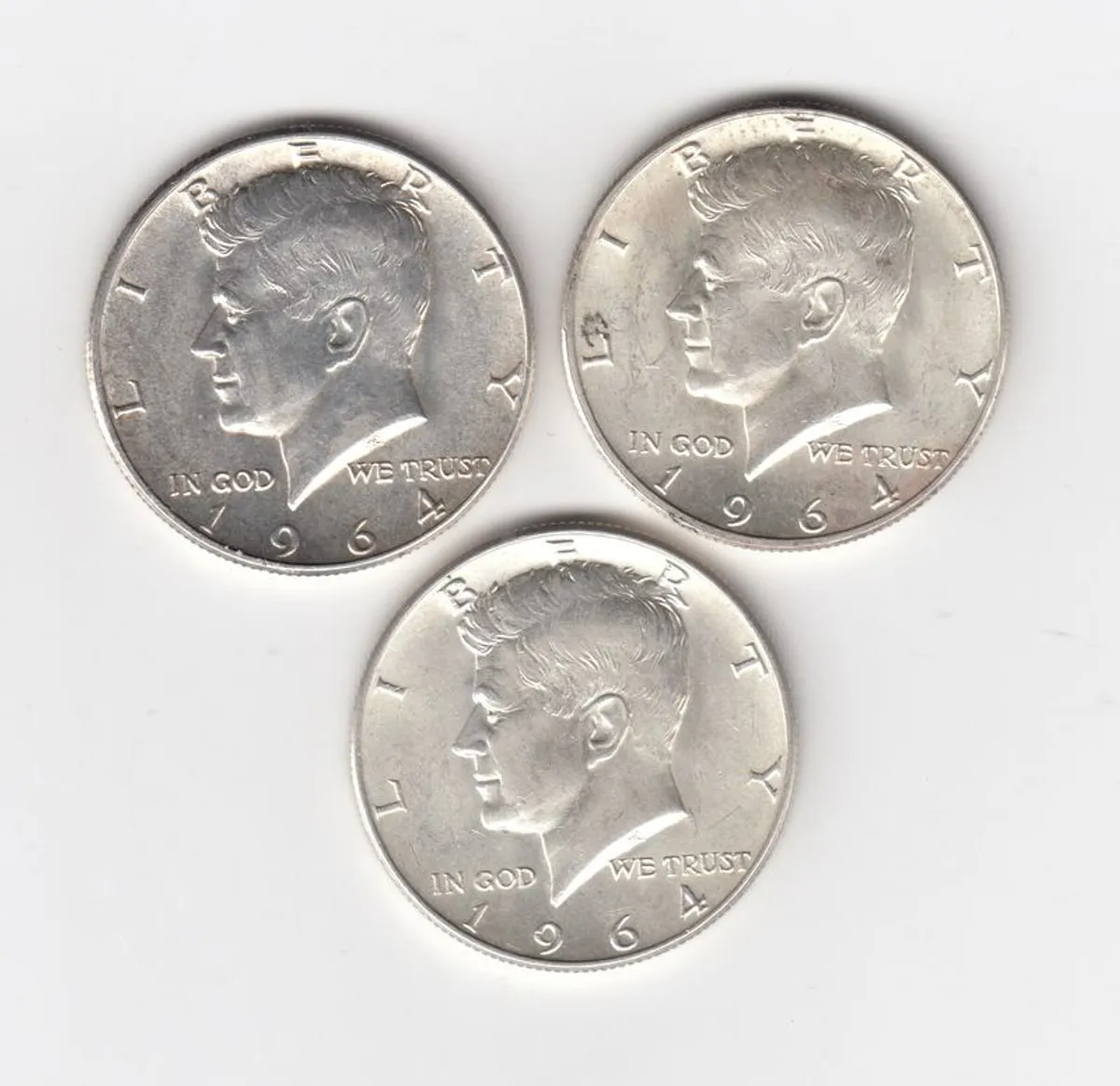 3 x 1964 kennedy half dollar 90% silver coins (no .83) - Image 1