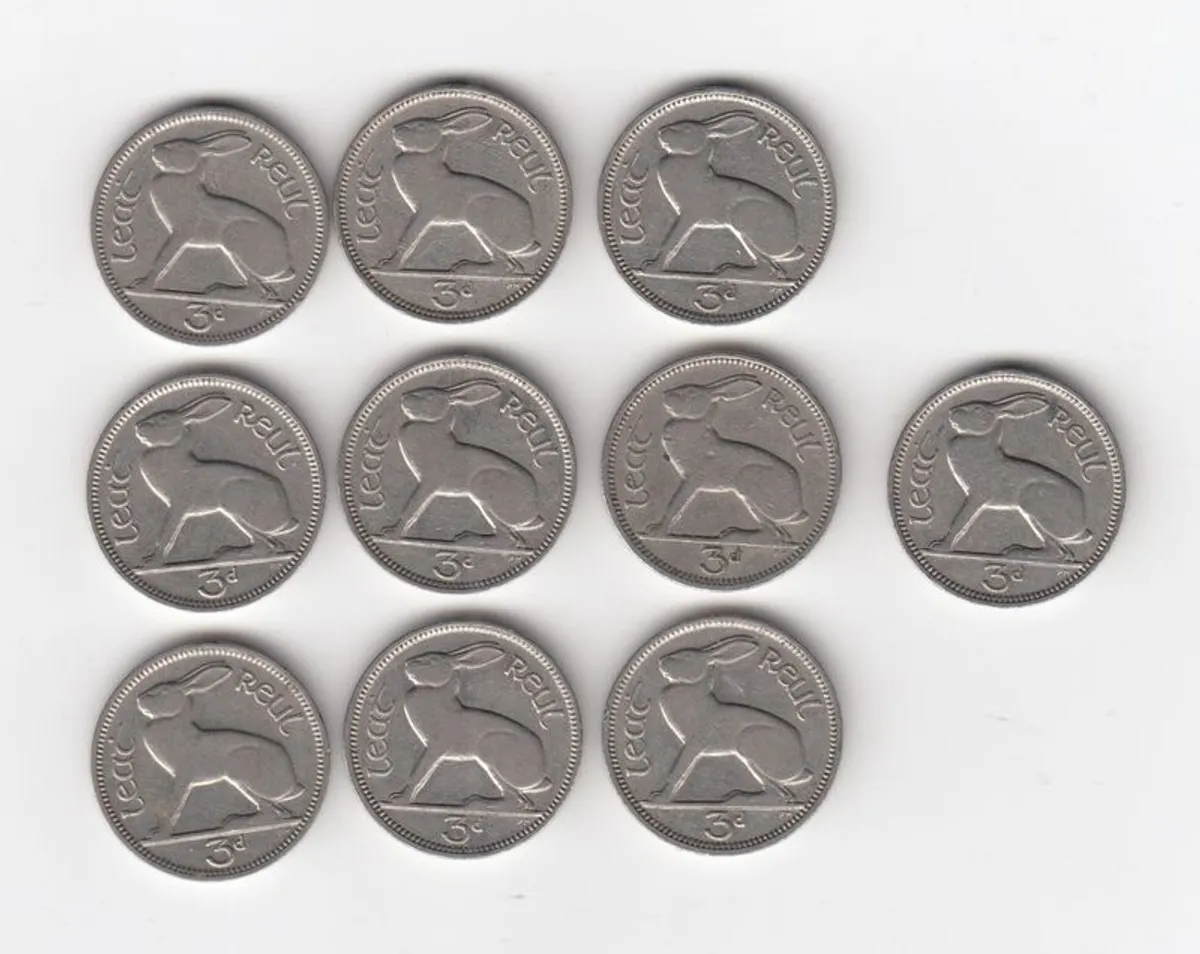 Ireland 10 x 3d coins, early years1933x3,1934,1935x3,1939,1940,1946 (no 82) - Image 1