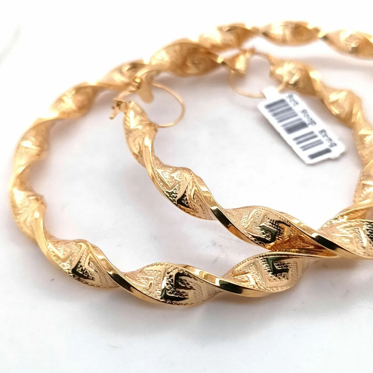 9k Gold Large Hoops Earrings, Greek Key Detail - Image 2