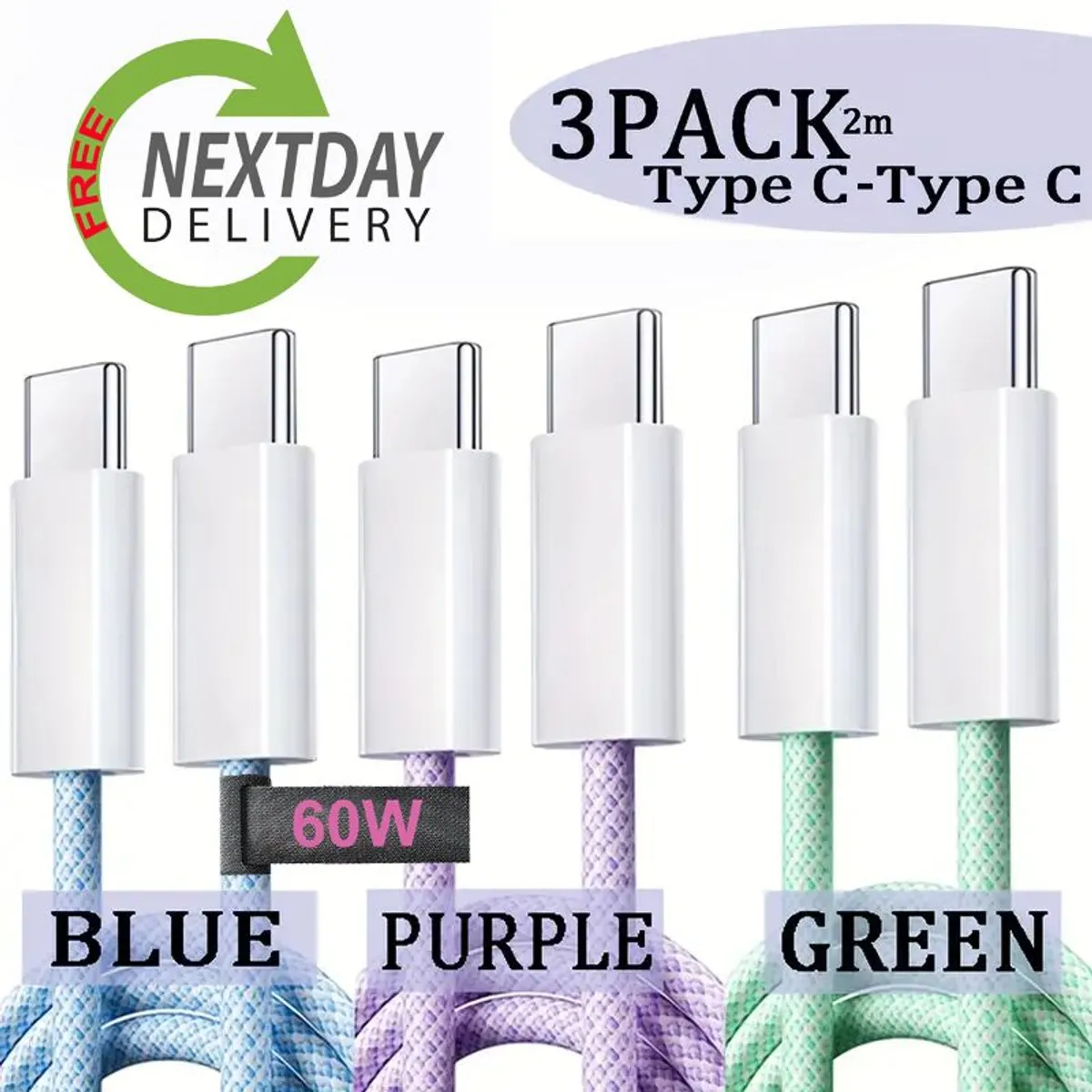 3 Pack x 60W Type-C to Type-C Fast Charge Charging Cables [2m each] - Braided for iPhone, Samsung etc. - Irish Seller, FREE Next-Day Delivery - Image 1