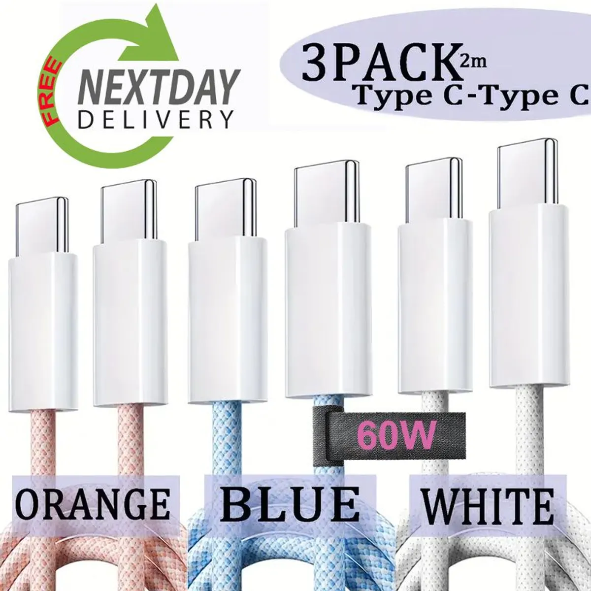 3 Pack x 60W Type-C to Type-C Fast Charge Charging Cables [2m each] - Braided for iPhone, Samsung etc. - Irish Seller, FREE Next-Day Delivery - Image 2