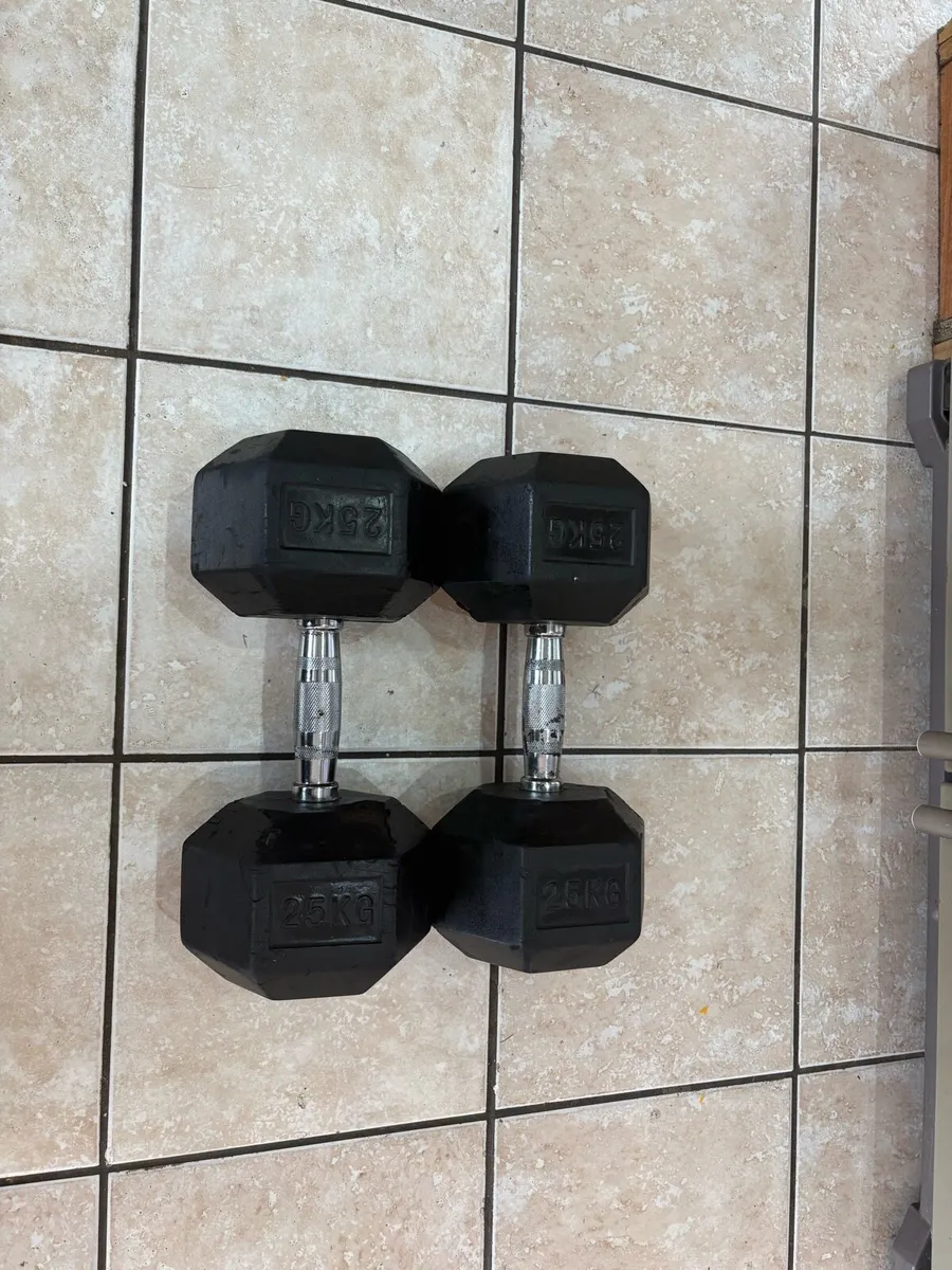 2 X 25KG RUBBER HEX DUMBBELLS - USED - Image 1