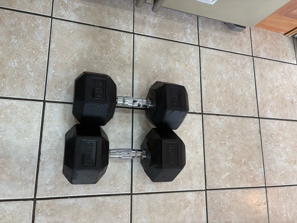 2 X 25KG RUBBER HEX DUMBBELLS - USED - Image 2