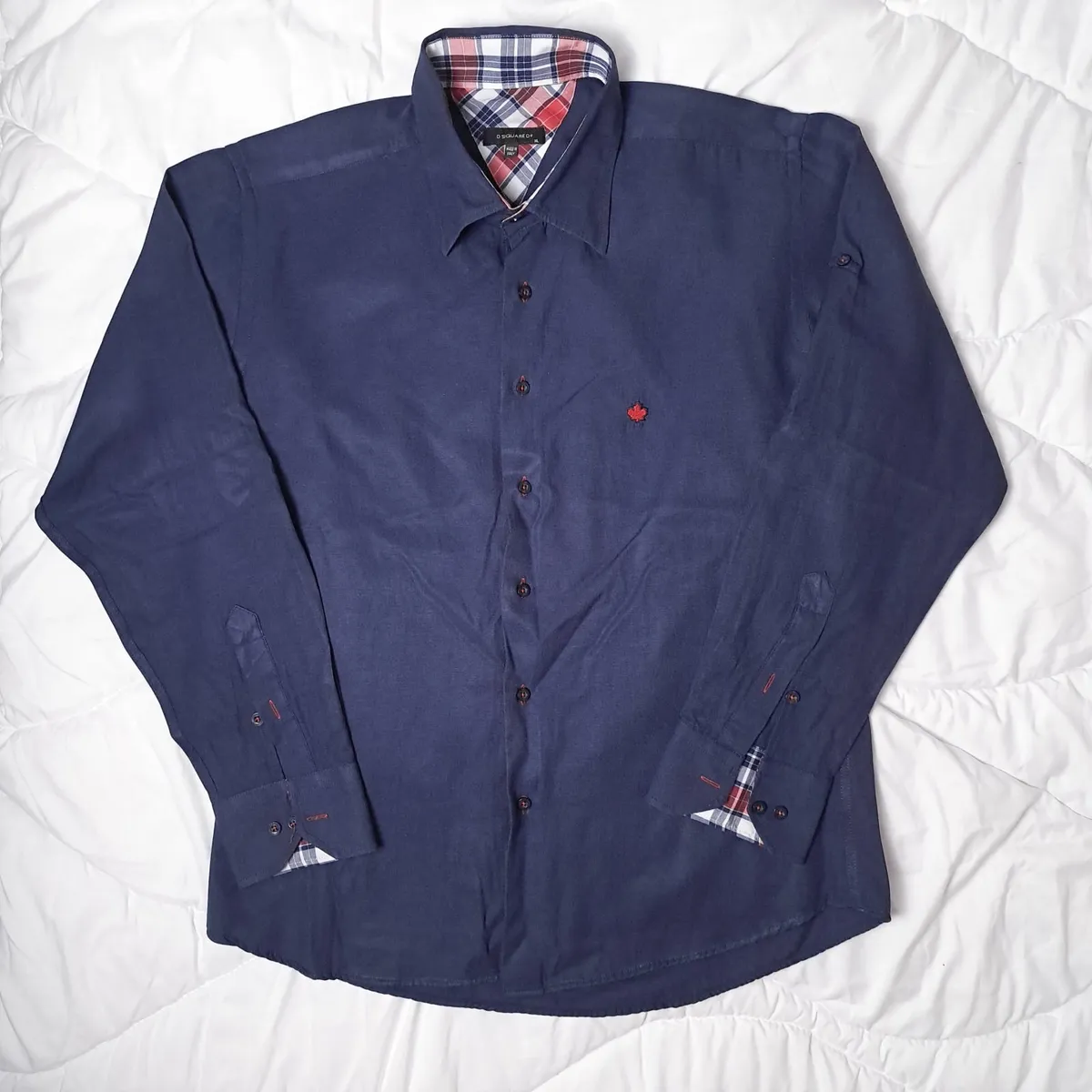 Navy Button Up Shirt Long Sleeve Red Maple Leaf L - Image 2