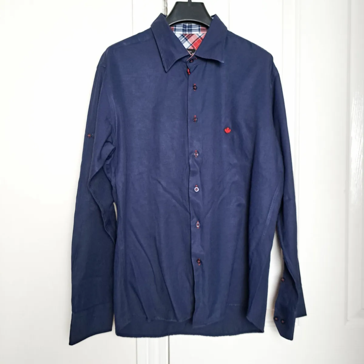 Navy Button Up Shirt Long Sleeve Red Maple Leaf L - Image 3