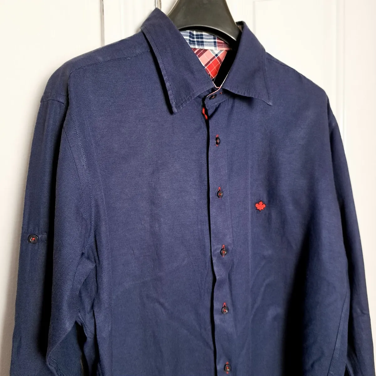 Navy Button Up Shirt Long Sleeve Red Maple Leaf L - Image 1