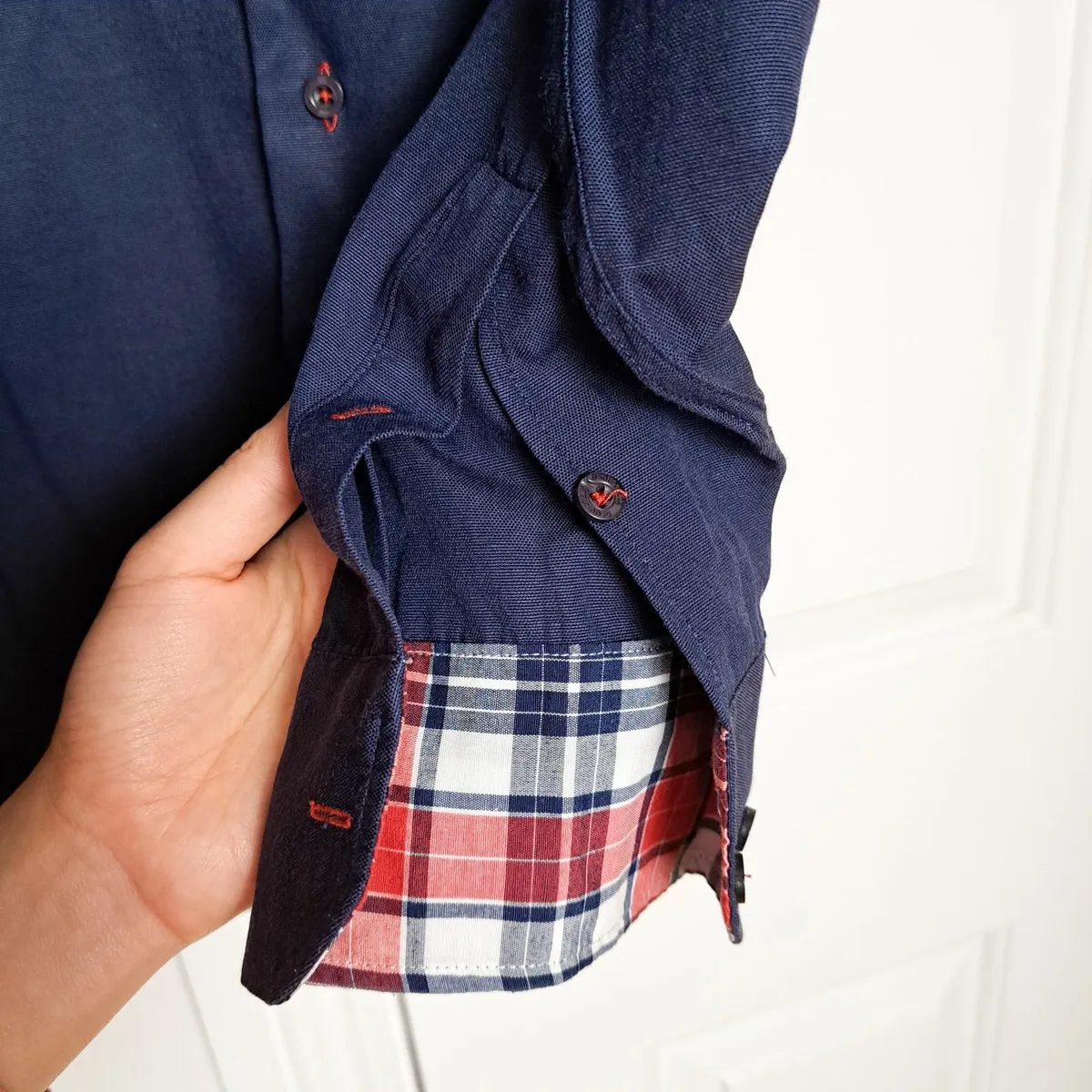 Navy Button Up Shirt Long Sleeve Red Maple Leaf L - Image 4