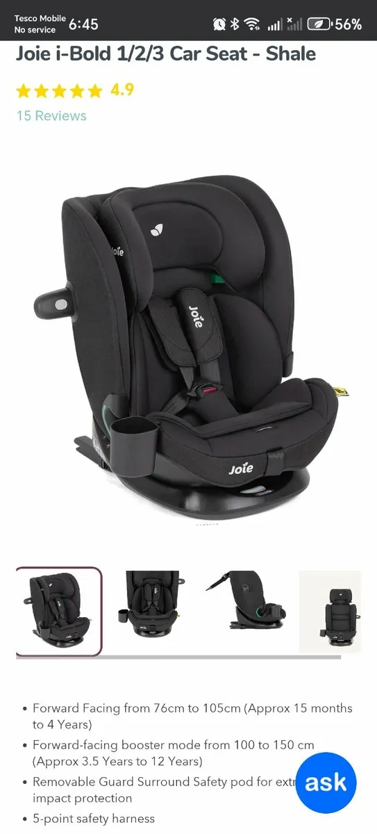 Kids Car Seat 15mnths- 12yrs - Image 1