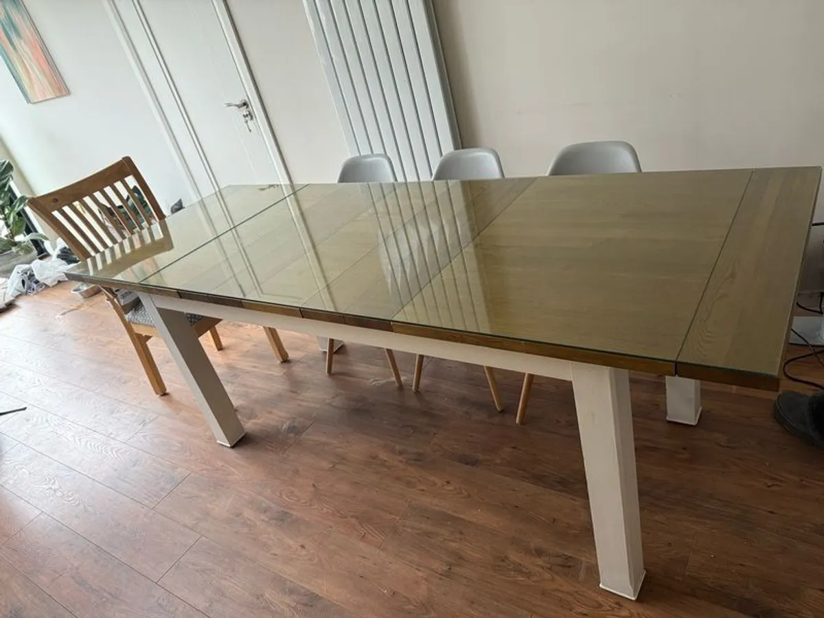 Modern Extendable Dining Table with Glass Top & Wooden Base - Arnott's (Seats 6-10) - Image 3