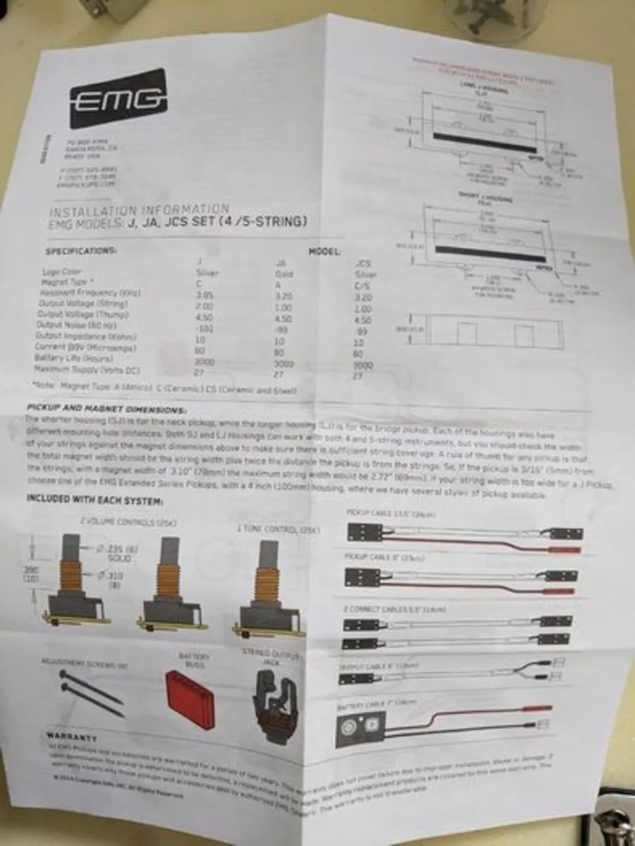 EMG active jazz J5 string pickups and wiring kit - Image 3
