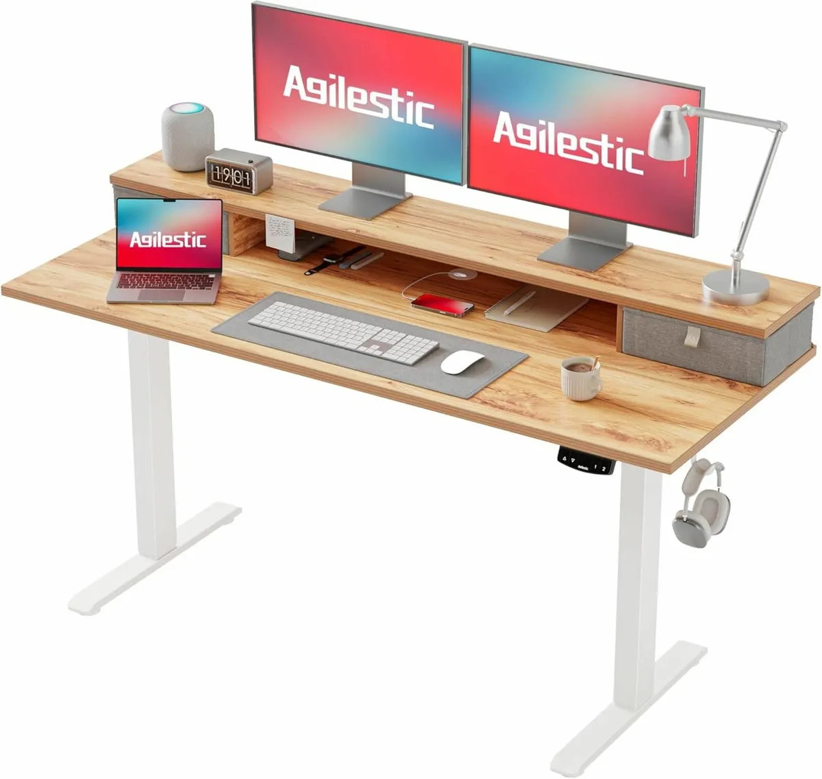 Adjustable Height Desk Office Drawers 140cm Brown - Image 1