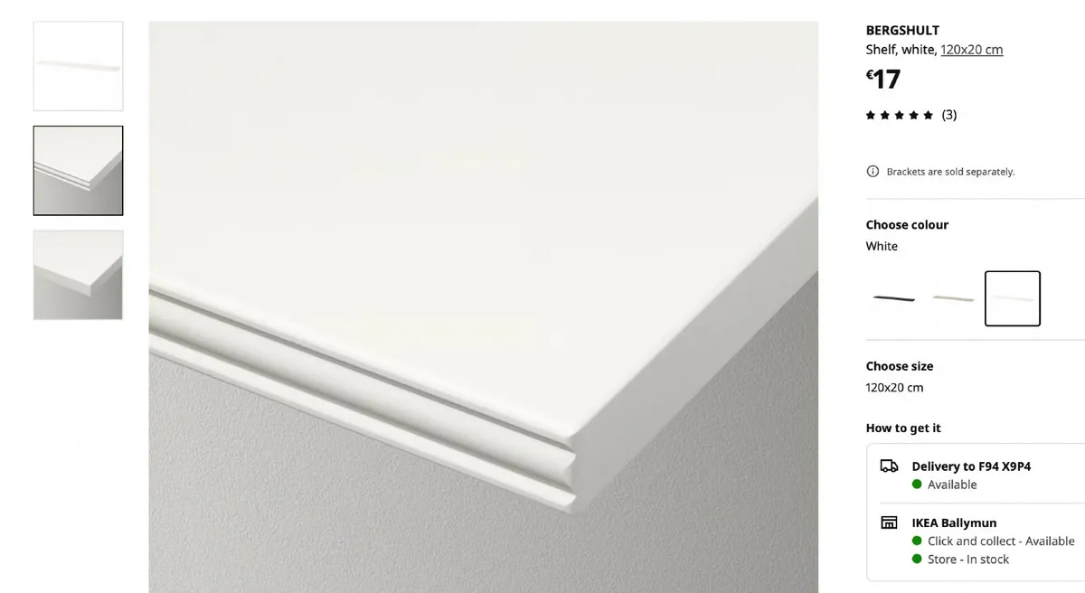 BERGSHULT Shelf, 120x20 cm + Brackets - Image 1