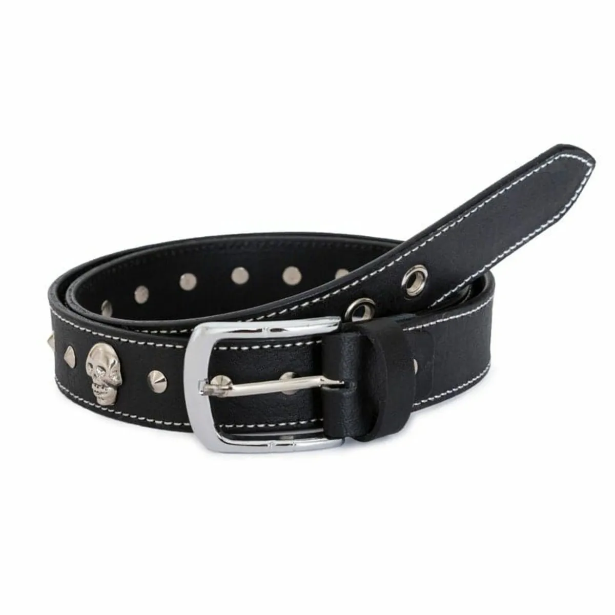 Genuine Leather Punk Belt with Metal Skull & Studs - Image 1