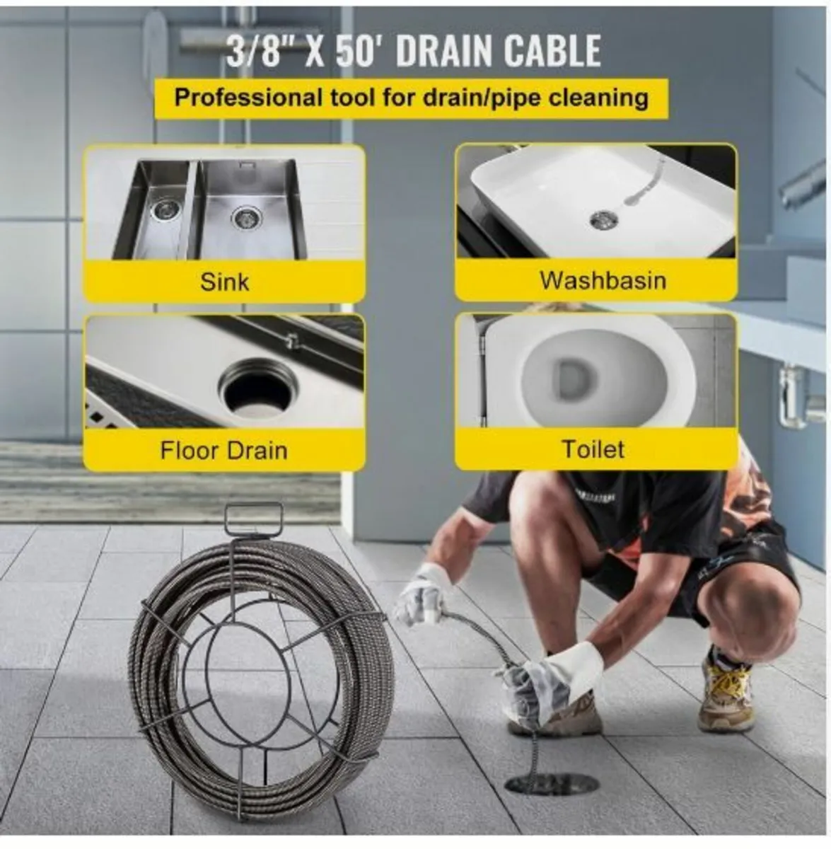 Drain Cleaning Cable 50 Feet x 3/8 Inch Solid Cor - Image 2
