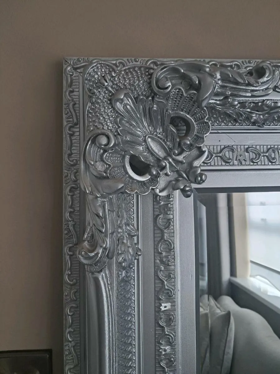 Large silver frame mirror and grey swivel chair - Image 1