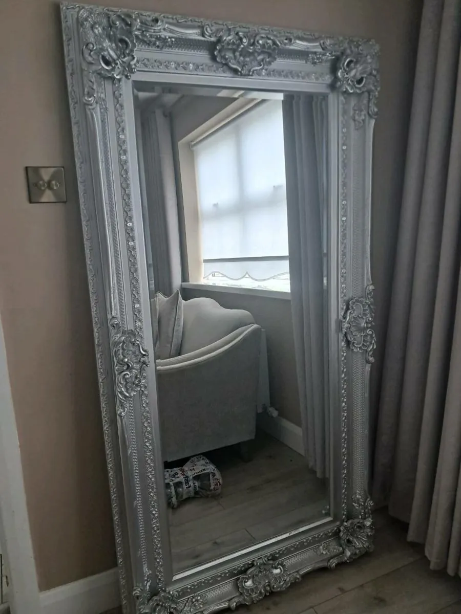 Large silver frame mirror and grey swivel chair - Image 2