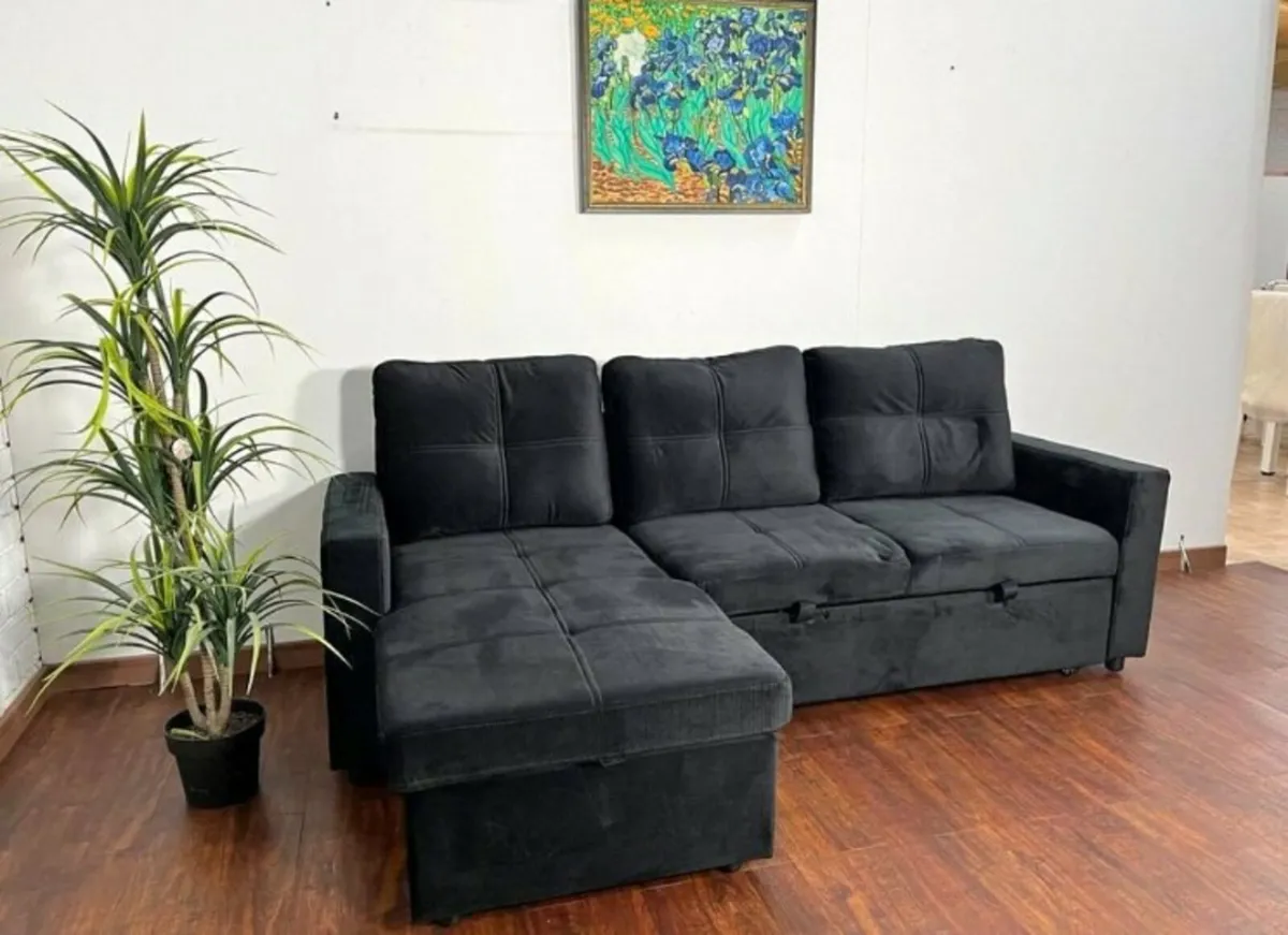 Velvet Black Corner Sofa Bed with Storage – 215cm - Image 3