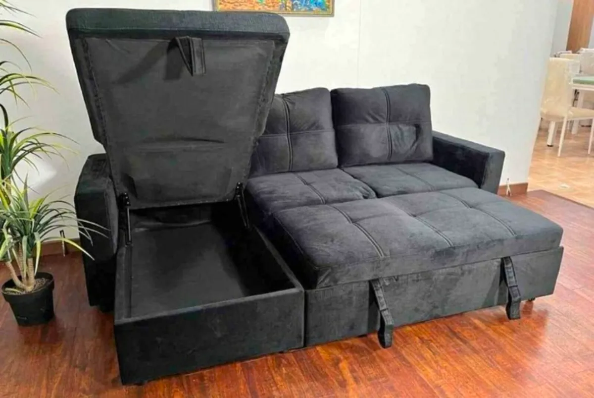 Velvet Black Corner Sofa Bed with Storage – 215cm - Image 4