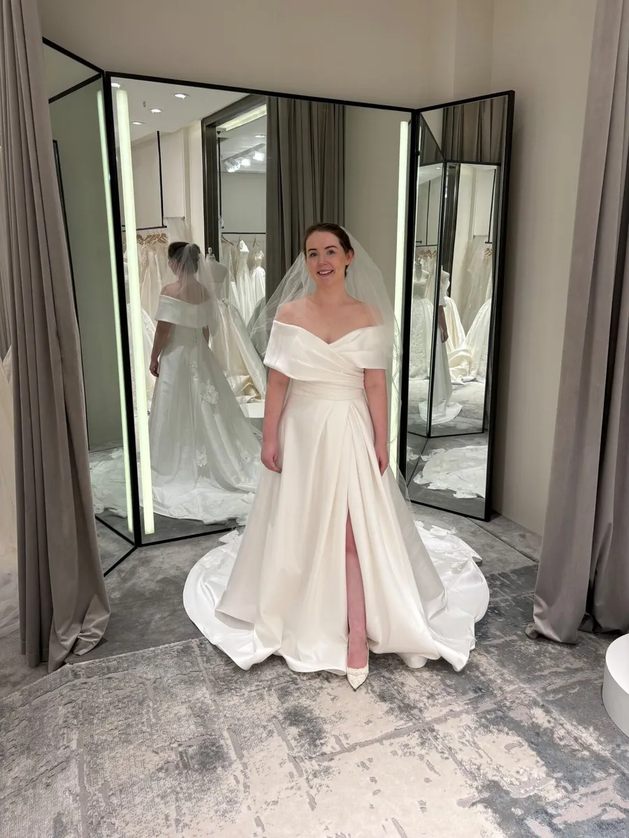 Elegant Off-the-Shoulder Mikado Wedding Dress - Image 1