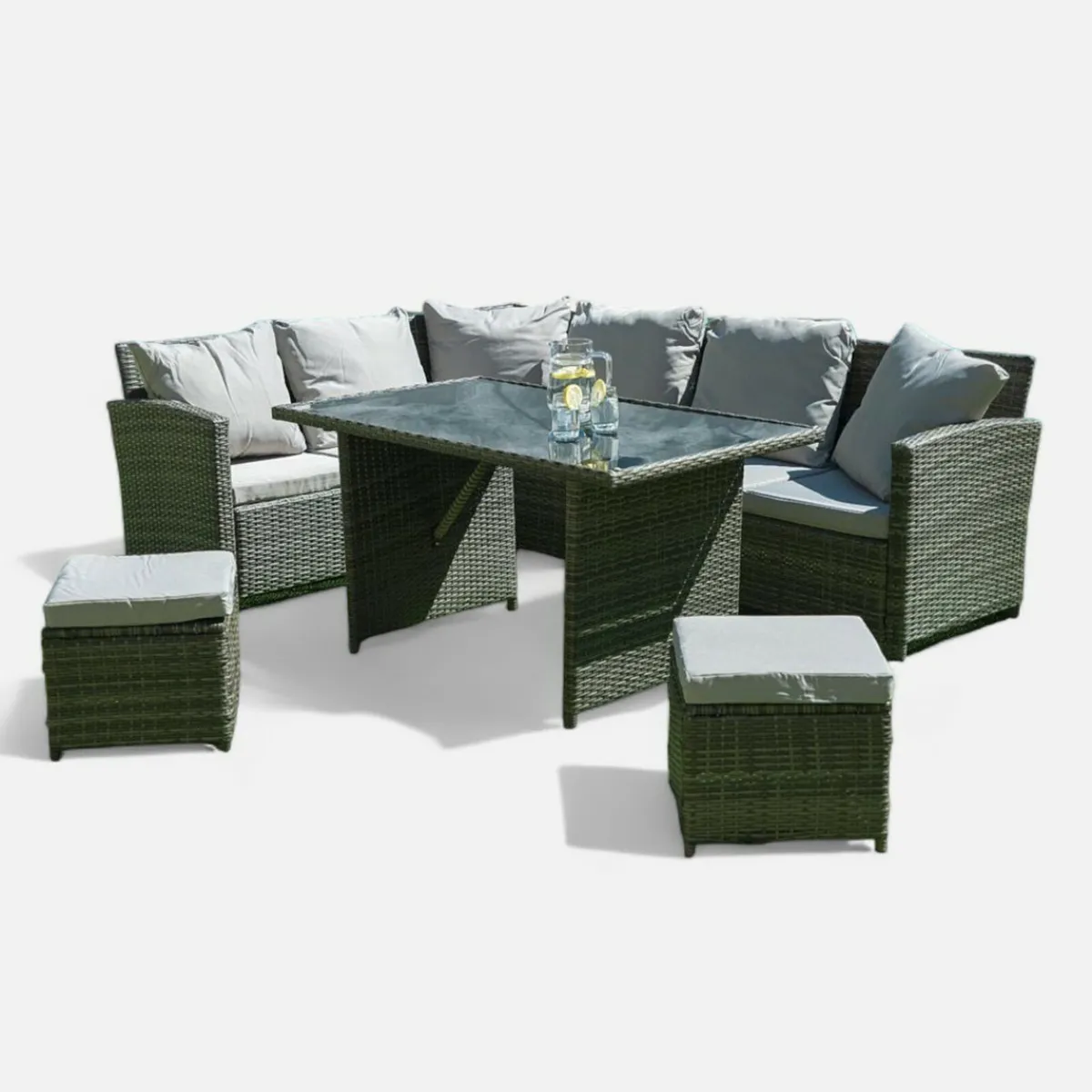 Patio Rattan Corner Sofa Set with Poufs - Image 1