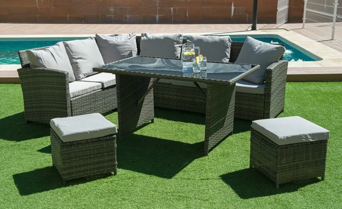 Patio Rattan Corner Sofa Set with Poufs - Image 2